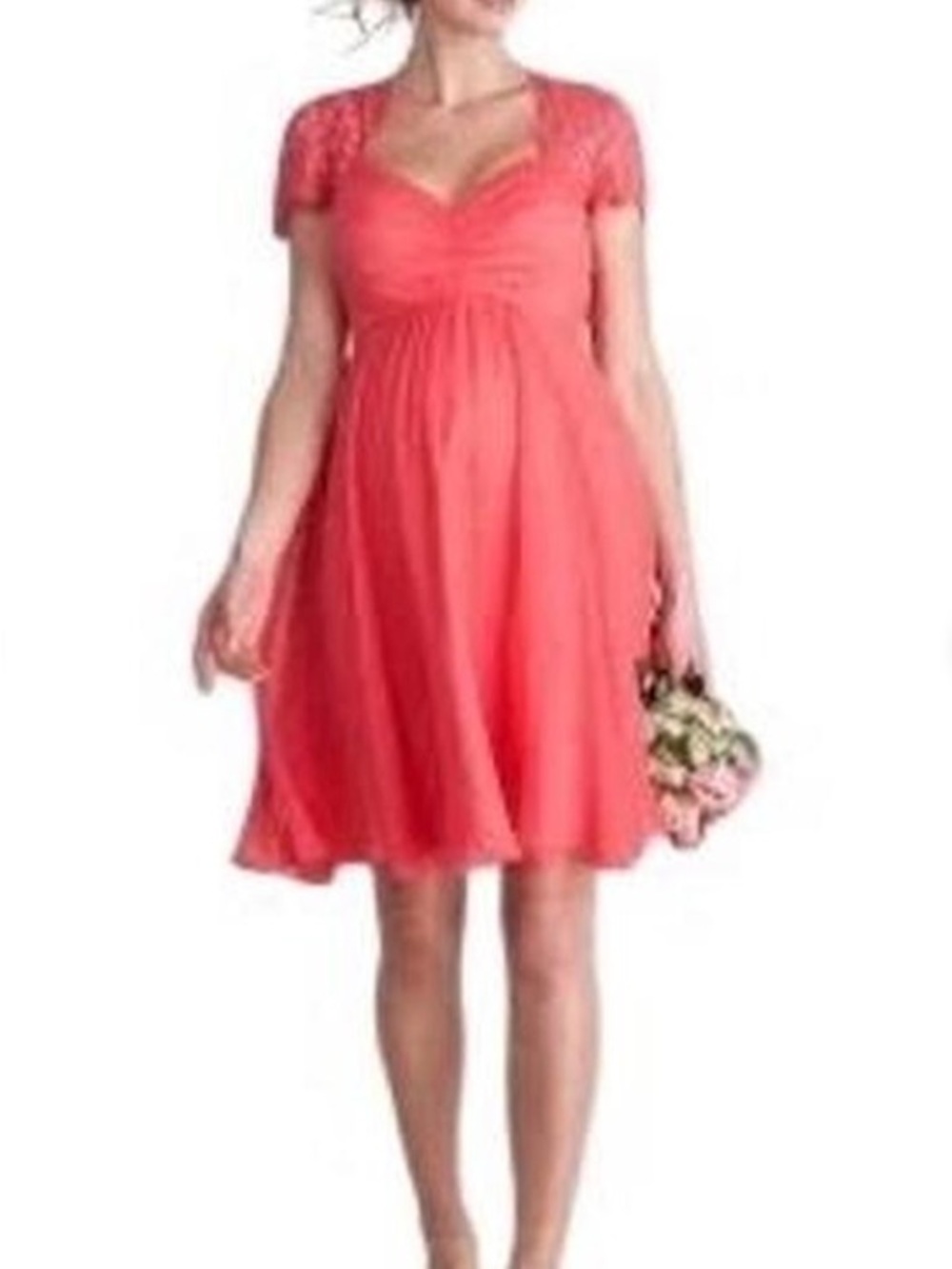 Seraphine Maternity Coral Empire-Waist Midi Dress with Lace Cap Sleeves